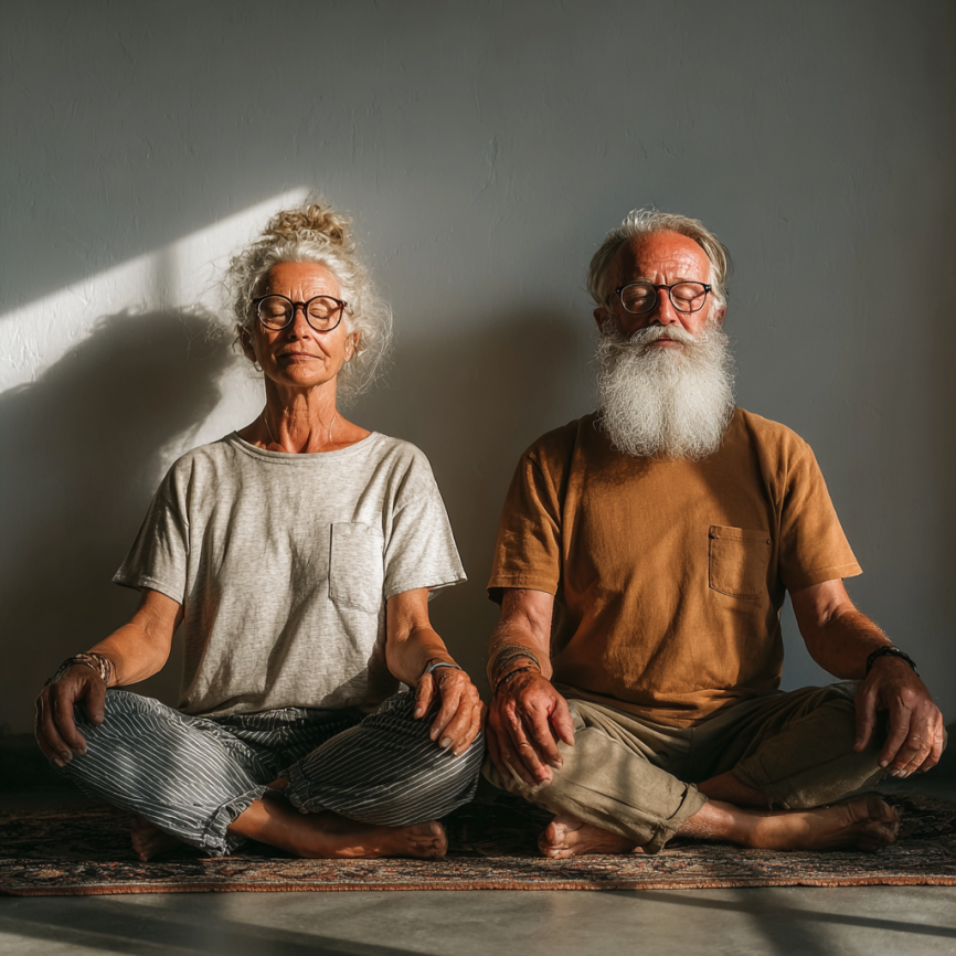 Група літніх людей займається йогою